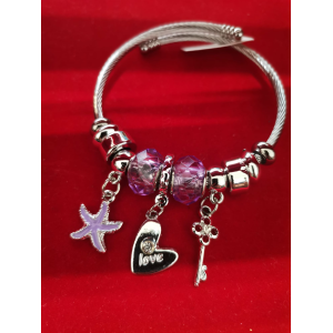 BRACCIALE CON STELLA MARINA CUORE E CHIAVE COLORE LILLA